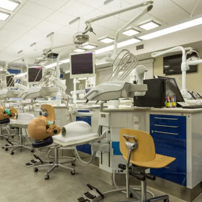 Campus laboratory room with equipment and workstations