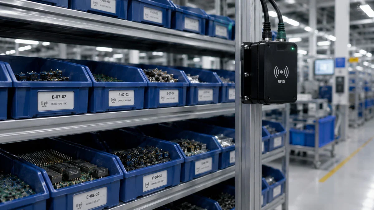 Component storage bins on a rack with a fixed RFID reader mounted on the frame