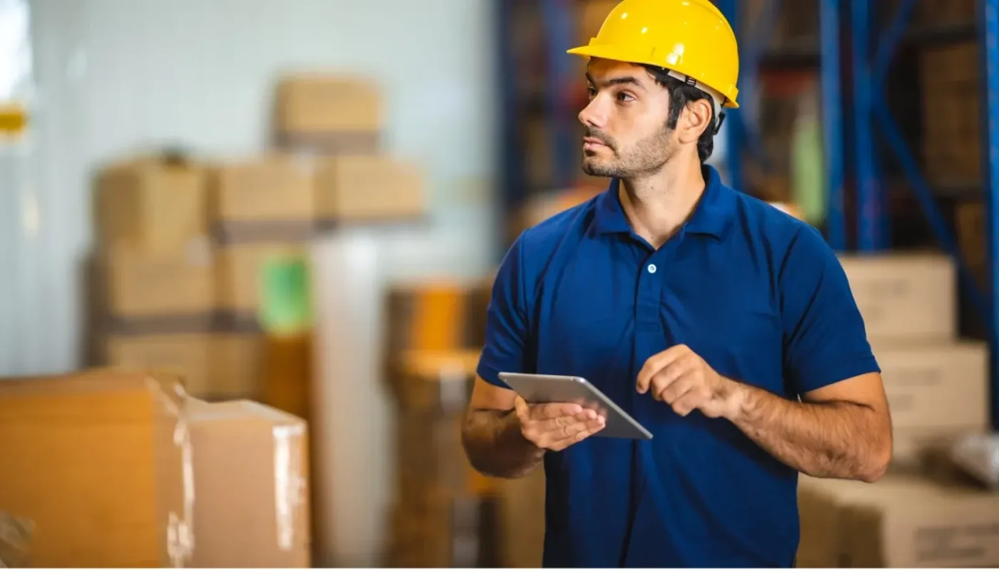 Warehouse supervisor wearing yellow safety helmet holds tablet, checking stock in distribution warehouse