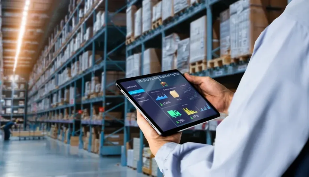 Illustration of RFID warehouse inventory management with automated tracking