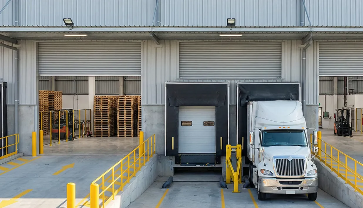 Warehouse dock doors and loading area with pallets and a truck